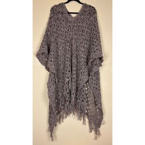 FREE PEOPLE Knit Poncho Sweater Wool Open Weave Fringe Gray Women Size XS/S Boho